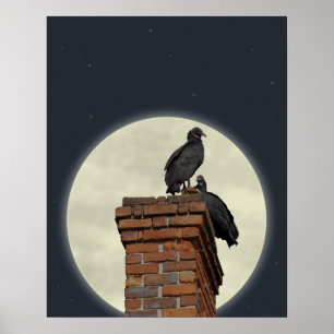 Buzzards on Chimney Against Full Moon Poster