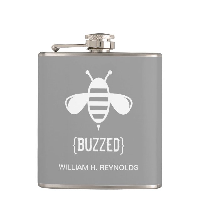 {BUZZED} Bridal Party Buzzed Bee Gift (platinum) Hip Flask (Front)