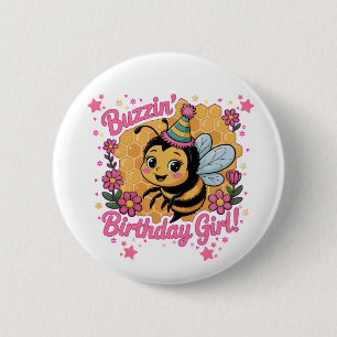 Buzzin' Birthday Girl Bee Theme Cute Bee Lover 6 Cm Round Badge