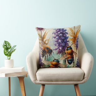 Buzzing Beauty   Watercolor Bees & Blooms Cushion