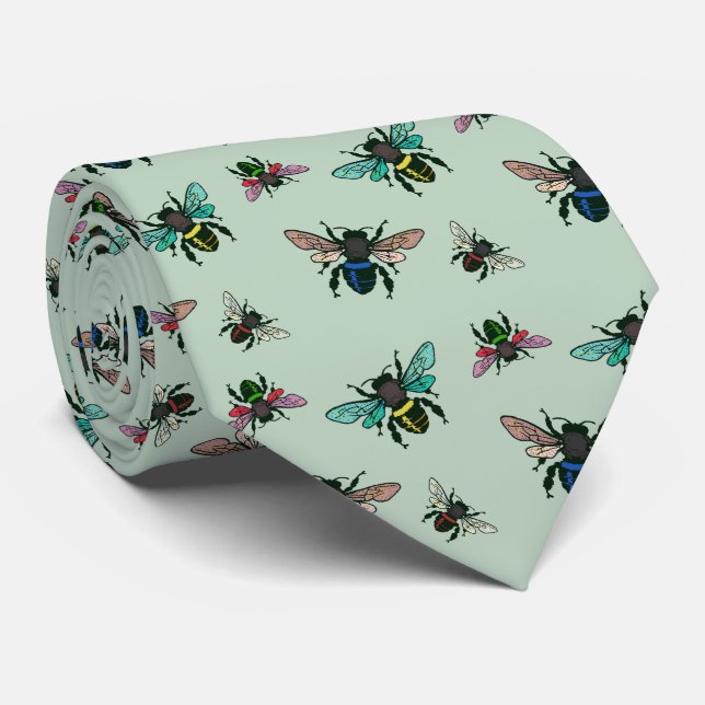 Buzzing Bees Pattern Pale Sage Tie (Rolled)