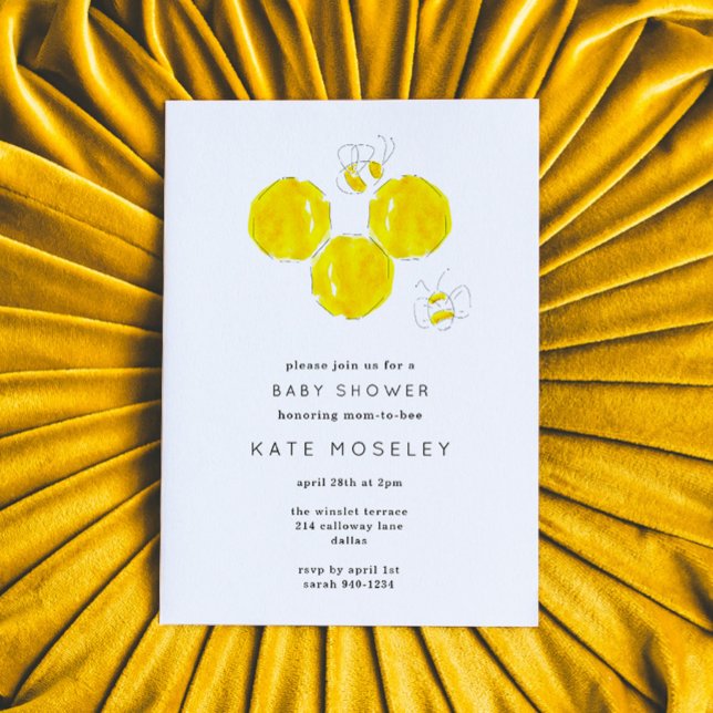 Buzzing BeeYellow Watercolor Honeycomb Baby Shower Invitation (Yellow watercolor buzzing bees Baby Shower invitation.)