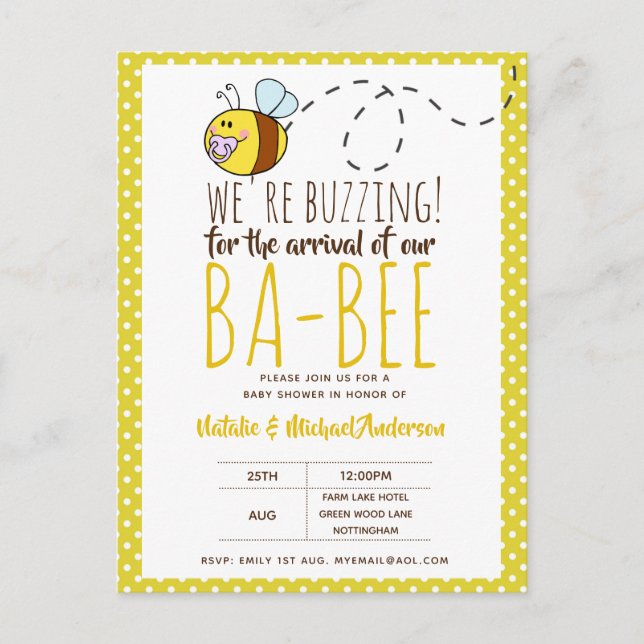 BUZZING For ARRIVAL of BA BEE Baby Shower Yellow Postcard (Front)