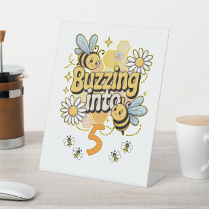 Buzzing Into Custom Name and Age Cute Bee Birthday Pedestal Sign