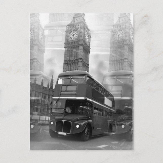 BW Black & White London Bus & Big Ben Postcard (Front)
