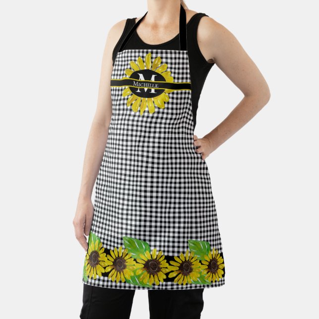 BW Buffalo Checks Pattern Monogram | Sunflowers Apron (Insitu)