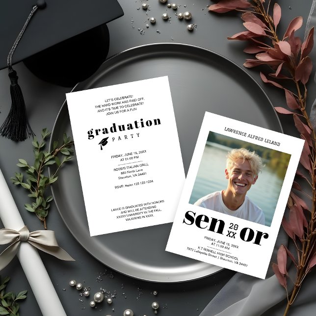 BW Cool Modern Editorial Senior Photo Graduation  Invitation (Black & White Cool Modern Editorial Style Senior Photo Graduation Invitation Cards. )
