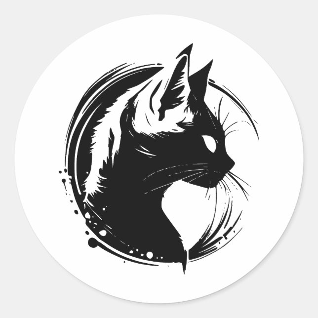 BW Minimalist Cat Design Classic Round Sticker (Front)