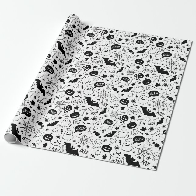 BW Pattern Art Halloween Pattern Halloween Art Wrapping Paper (Unrolled)