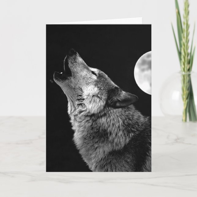 BW Wolf Howling at Moon Card (Front)