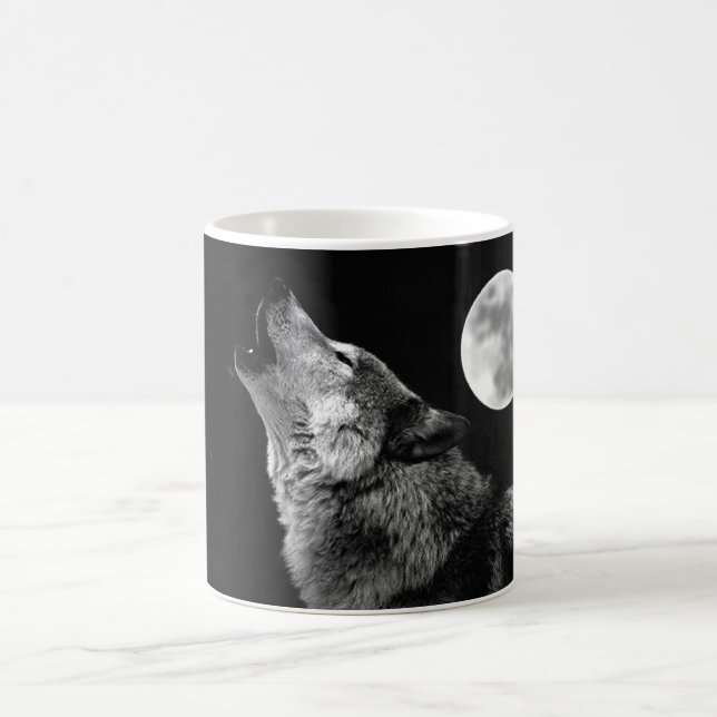 BW Wolf Howling at Moon Coffee Mug (Center)