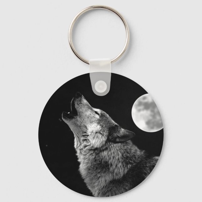 BW Wolf Howling at Moon Key Ring (Front)