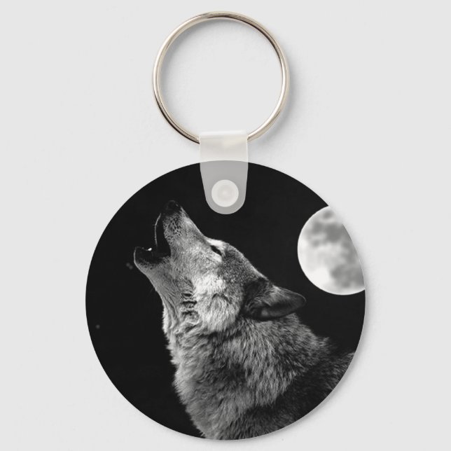 BW Wolf Howling at Moon Key Ring (Front)