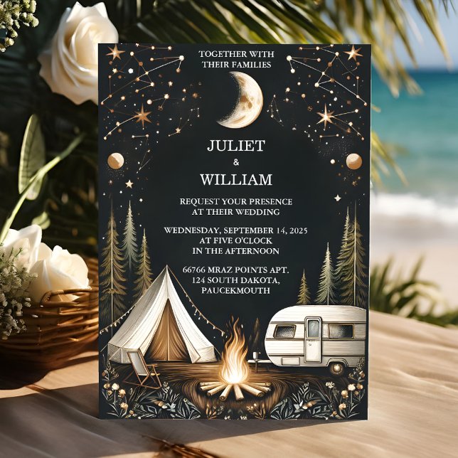 By Cabin Forest Wood Sky Tree Fire Camping Wedding Invitation (Creator Uploaded)