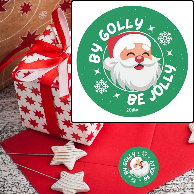 By Golly Be Jolly Cute Fun Santa Christmas Sticker (Available in 3 colors and 2 sizes of stickers. Also in Matte or Glossy. Add a year or leave blank. )