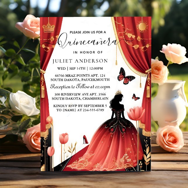 By Hot Pink Crown Tiara Black Lace Red Quinceanera Invitation (Creator Uploaded)