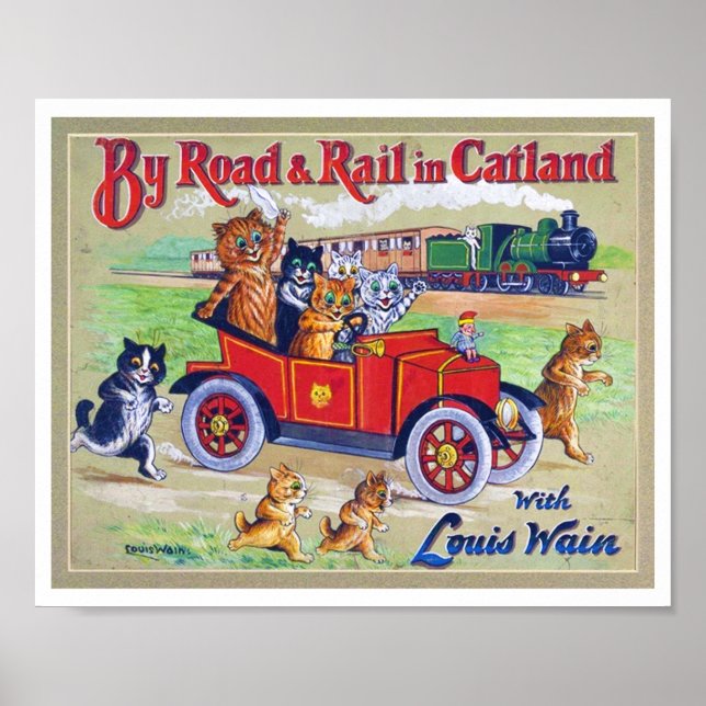 By Road & Rail in Catland, Louis Wain Poster (Front)
