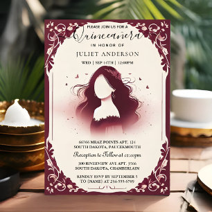 By Silver Plum Lace Gown Boho Burgundy Quinceanera Invitation