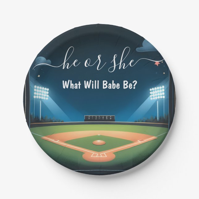 By Team Ball Game Pitch Fun Baseball Gender Reveal Paper Plate (Front)