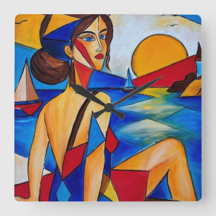 By the Sea - Cubist Painting Square Wall Clock