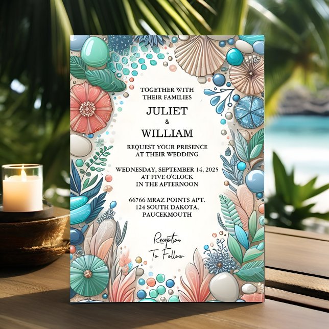 By Tribal Aqua Sand Work Stacked Sea Glass Wedding Invitation (Creator Uploaded)