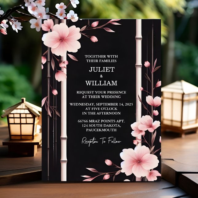 By Wood Bamboo Pink Sakura Cherry Blossom Wedding Invitation (Creator Uploaded)