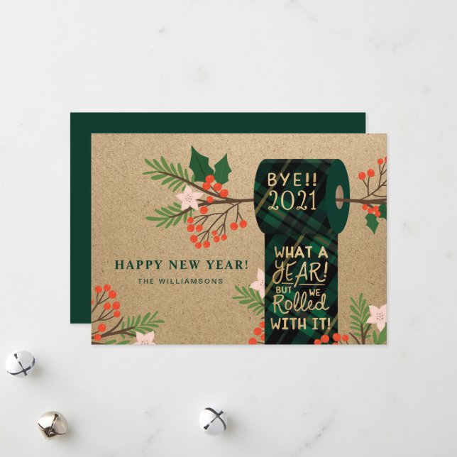 Bye 2020 We Rolled With It Plaid Toilet Paper Roll Holiday Card (Front/Back In Situ)
