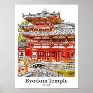 Byodoin Temple Japan Travel Watercolor Hand Drawn Poster