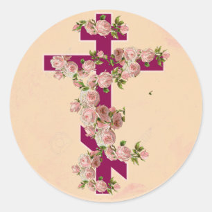 Byzantine Orthodox Eastern Rite Cross Pink Roses Classic Round Sticker