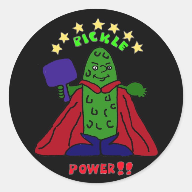 BZ- Pickle Power Superhero Pickleball Cartoon Classic Round Sticker (Front)