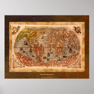 c1490 Antique World Map Art w Organic Border Poster