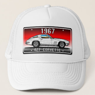 C2 1967 Corvette License Plate Art-Red Background Trucker Hat