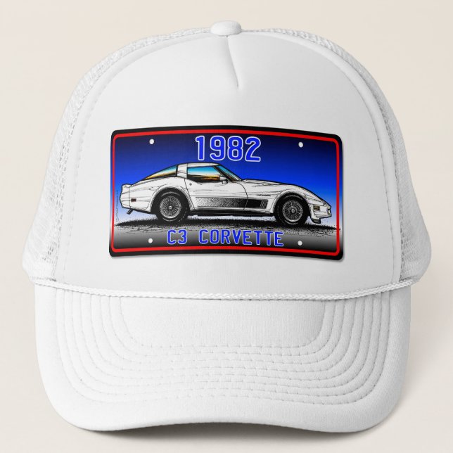 C3 1982 Corvette License Plate Art-Blue Background Trucker Hat (Front)