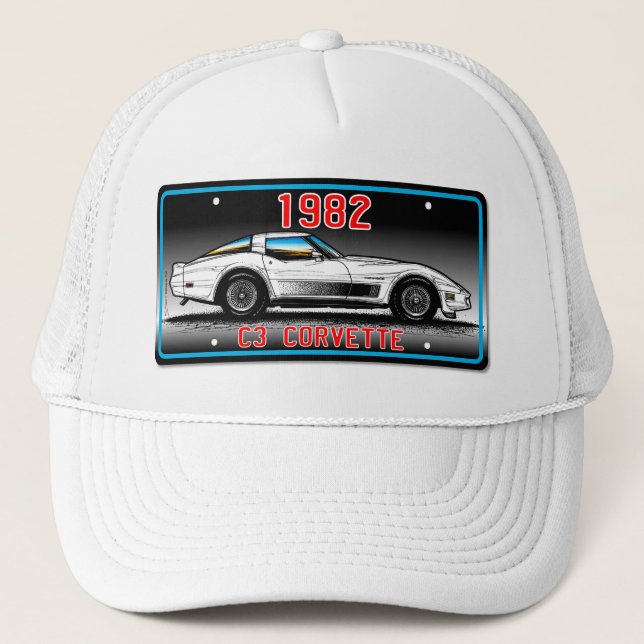 C3 1982 Corvette License Plate Art-Grey Background Trucker Hat (Front)