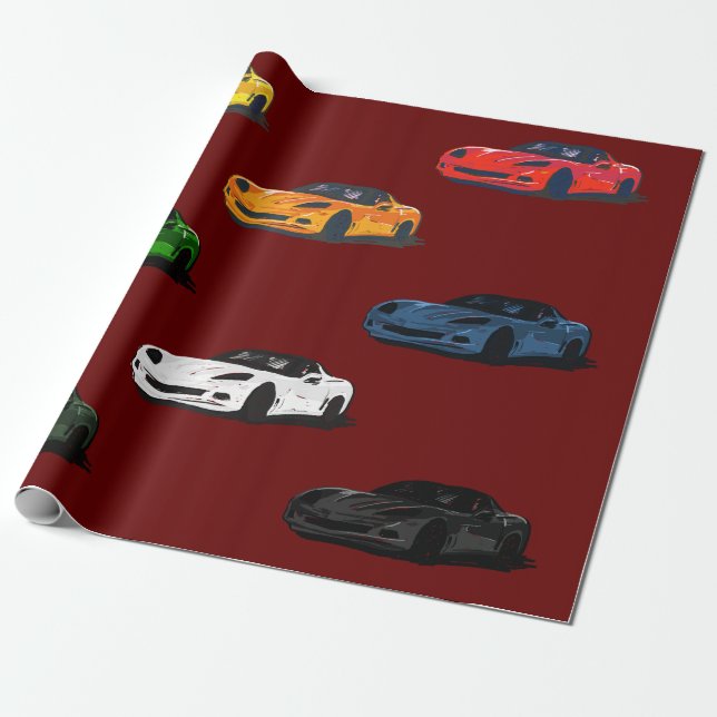 C6 Corvette Wrapping Paper Burgandy Background (Unrolled)