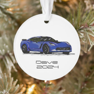 C7 Corvette Sports Car Blue Hand Drawn Sketch Ornament