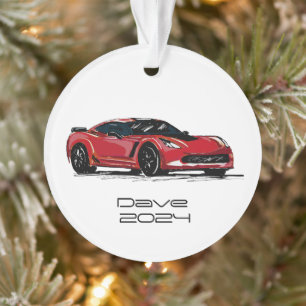 C7 Corvette Sports Car Red Hand Drawn Sketch Ornament