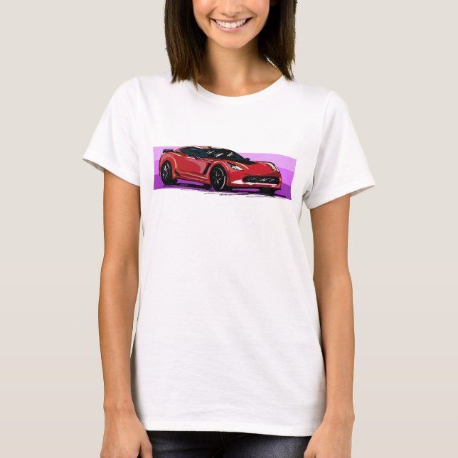 C7 Red Corvette Sportscar with Pink Stripe T-Shirt (Front)