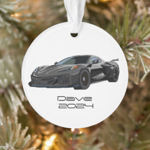 C8 Corvette Sports Car Dark Grey Hand Drawn Ornament
