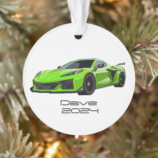 C8 Corvette Sports Car Lime Green Hand Drawn  Ornament (Tree)