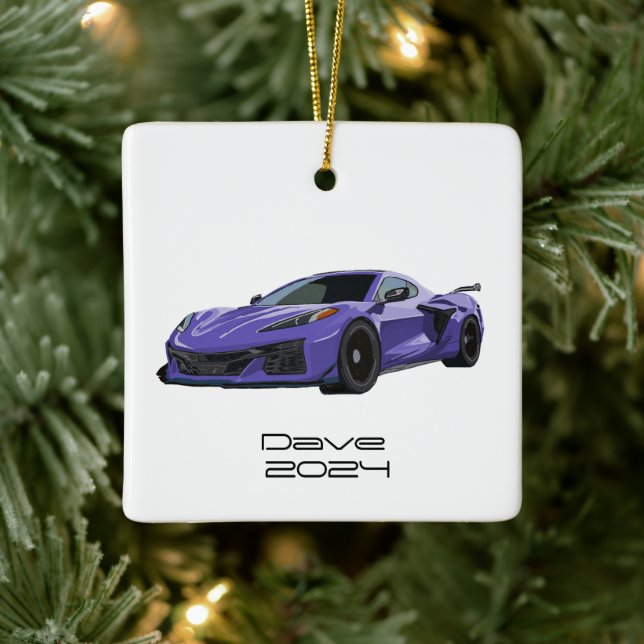 C8 Corvette Sports Car Purple Hand Drawn  Ceramic Ornament (Tree)