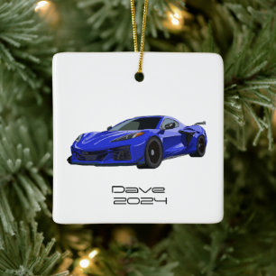C8 Corvette SportsCar Elkhart Lake Blue HandDrawn Ceramic Ornament