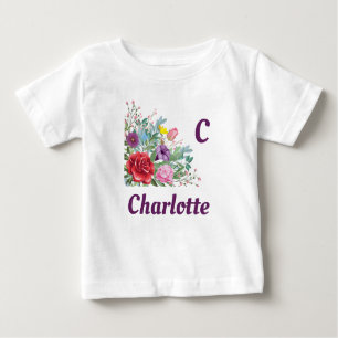 C Charlotte Personalise Letter Name, Rose Flowers Baby T-Shirt