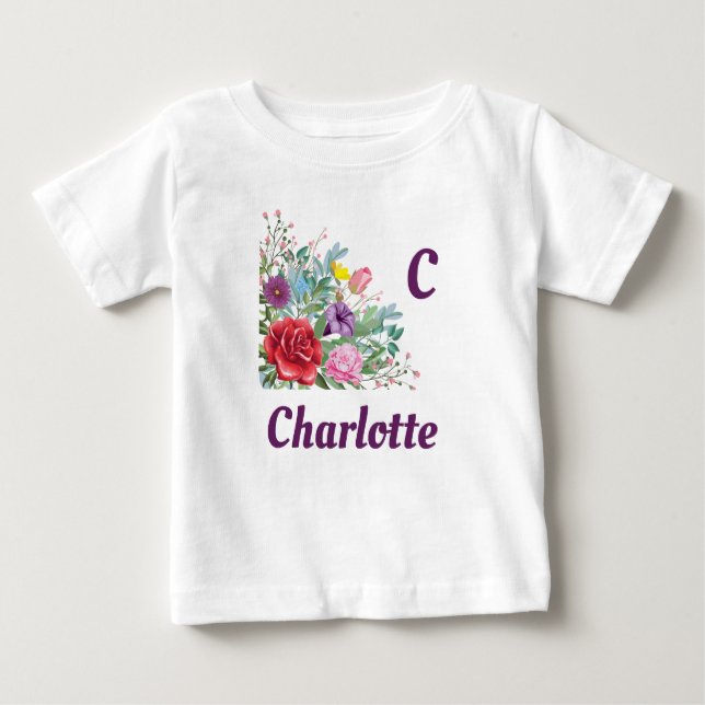 C Charlotte Personalise Letter Name, Rose Flowers Baby T-Shirt (Front)