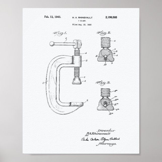 C Clamp 1940 Patent Art White Paper Poster (Front)