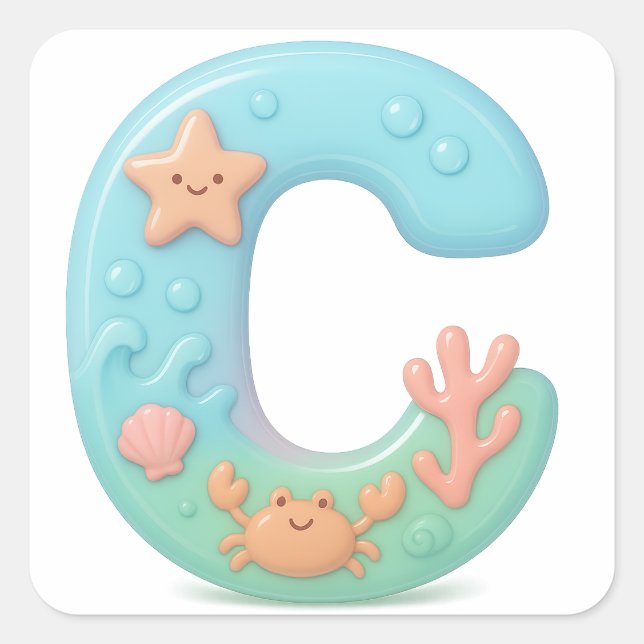 "C" Cute Bubble Letter - Underwater Sea Creature A Square Sticker (Front)