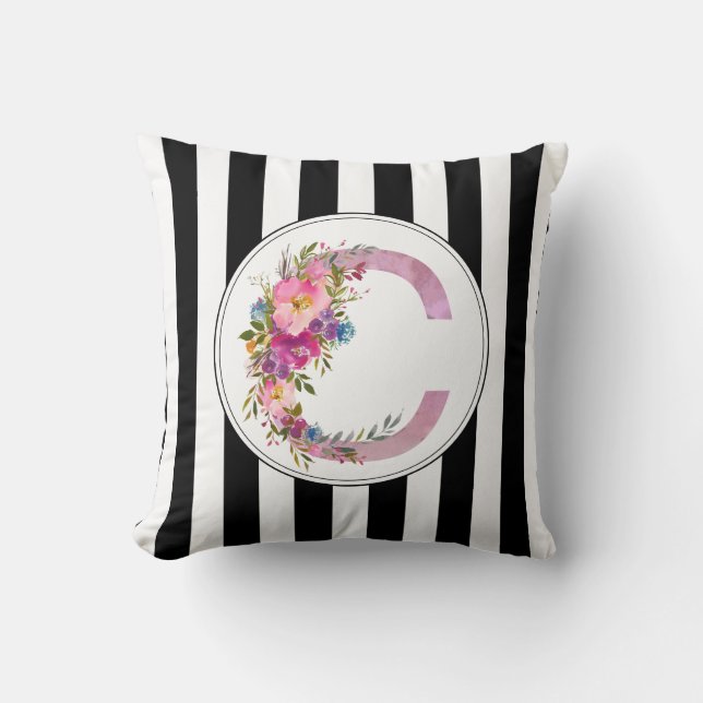 C, Floral Monogram initial , watercolor flower Cushion (Front)