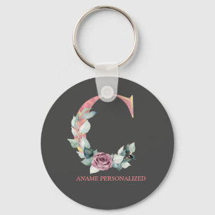 C Floral Monogram Name Letters Pink Agate Keychain