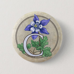 C for Columbine Flower Monogram Round Button