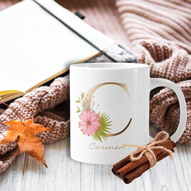 C Letter Gold Monogram | Pink Floral Greenery Large Coffee Mug (Creator Uploaded)
